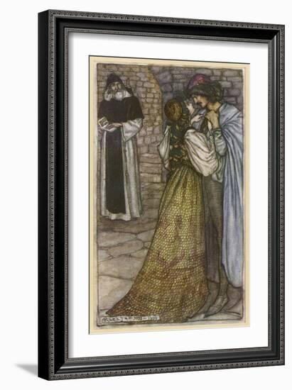 Romeo and Juliet in Embrace at Frair Lawrence's Cell-Arthur Rackham-Framed Art Print