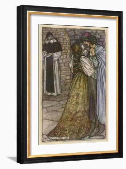 Romeo and Juliet in Embrace at Frair Lawrence's Cell-Arthur Rackham-Framed Art Print