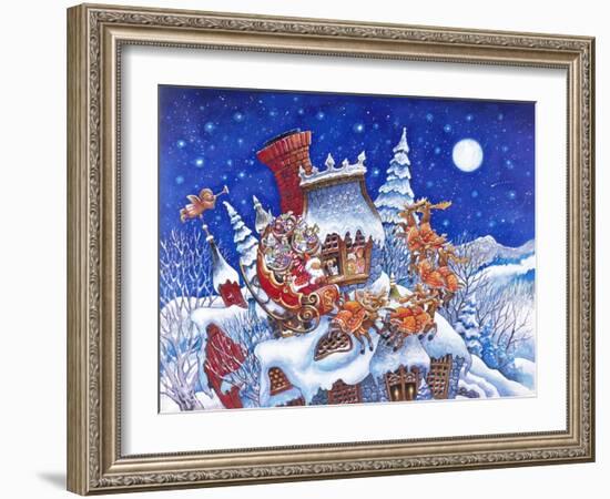 Roof with Santa in Sleigh Pulled by Reindeer at Night in Winterchristmas-Bill Bell-Framed Giclee Print