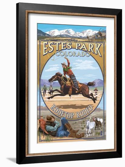 Rooftop Rodeo - Estes Park, Colorado-Lantern Press-Framed Art Print