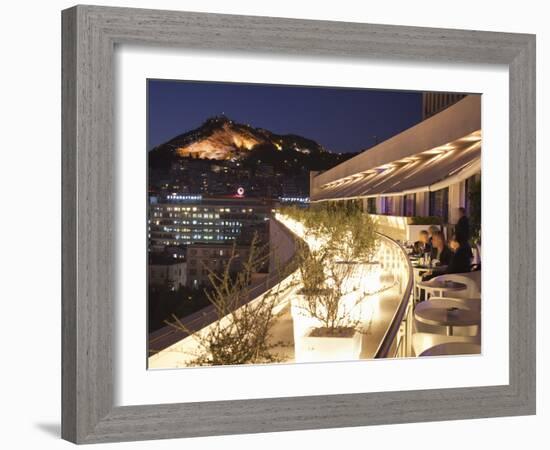 Rooftop Terrace Bar at the Athens Hilton with Lykavittos Hill Illuminated at Night, Athens, Greece,-Martin Child-Framed Photographic Print