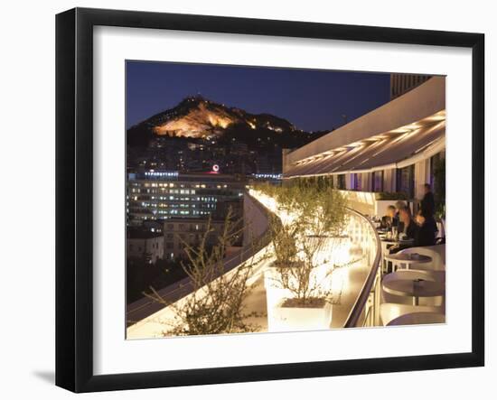 Rooftop Terrace Bar at the Athens Hilton with Lykavittos Hill Illuminated at Night, Athens, Greece,-Martin Child-Framed Photographic Print