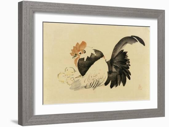 Rooster, Hen, and Chicks, Meiji Era, 1870-79-Shibata Zeshin-Framed Giclee Print