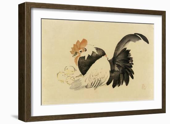 Rooster, Hen, and Chicks, Meiji Era, 1870-79-Shibata Zeshin-Framed Giclee Print