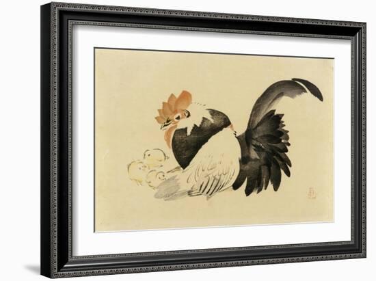 Rooster, Hen, and Chicks, Meiji Era, 1870-79-Shibata Zeshin-Framed Giclee Print