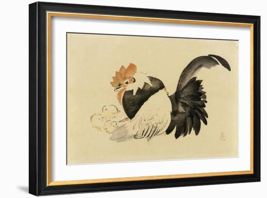 Rooster, Hen, and Chicks, Meiji Era, 1870-79-Shibata Zeshin-Framed Giclee Print