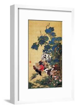Rooster, Hen and Hydrangea-Jakuchu Ito-Framed Giclee Print