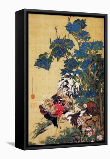 Rooster, Hen and Hydrangea-Jakuchu Ito-Framed Premier Image Canvas