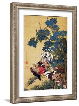 Rooster, Hen and Hydrangea-Jakuchu Ito-Framed Giclee Print