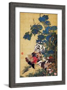 Rooster, Hen and Hydrangea-Jakuchu Ito-Framed Giclee Print