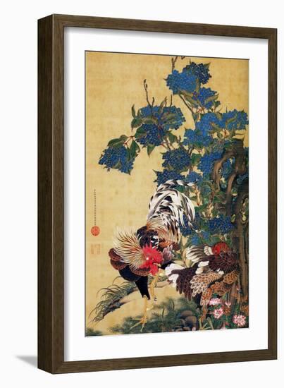 Rooster, Hen and Hydrangea-Jakuchu Ito-Framed Giclee Print