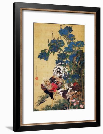 Rooster, Hen and Hydrangea-Jakuchu Ito-Framed Giclee Print