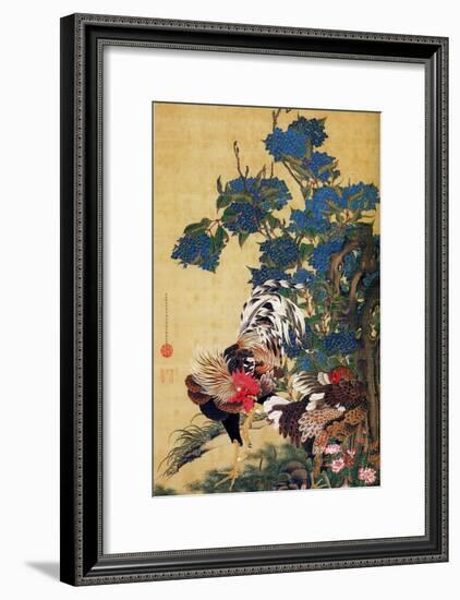 Rooster, Hen and Hydrangea-Jakuchu Ito-Framed Giclee Print