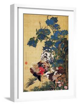 Rooster, Hen and Hydrangea-Jakuchu Ito-Framed Giclee Print