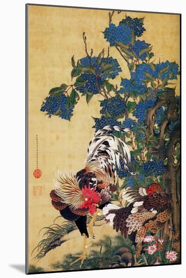 Rooster, Hen and Hydrangea-Jakuchu Ito-Mounted Giclee Print