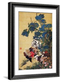 Rooster, Hen and Hydrangea-Jakuchu Ito-Framed Giclee Print