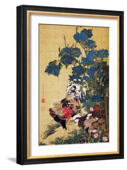 Rooster, Hen and Hydrangea-Jakuchu Ito-Framed Giclee Print