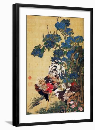 Rooster, Hen and Hydrangea-Jakuchu Ito-Framed Giclee Print