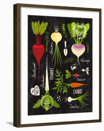 Root Vegetables with Leafy Tops Set for Design on Blackboard. Colorful Vegetable Collection on Text-Popmarleo-Framed Art Print