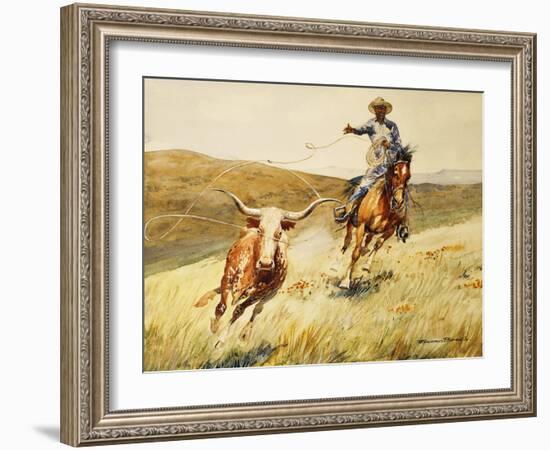 Roping A Steer, (Watercolour and Gouache on Paper)-Edward Borein-Framed Giclee Print