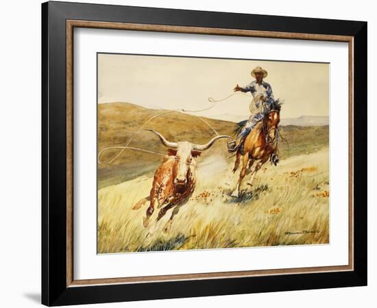 Roping A Steer, (Watercolour and Gouache on Paper)-Edward Borein-Framed Giclee Print