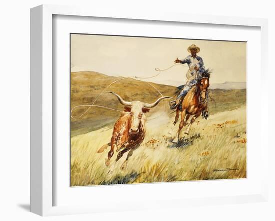Roping A Steer, (Watercolour and Gouache on Paper)-Edward Borein-Framed Giclee Print