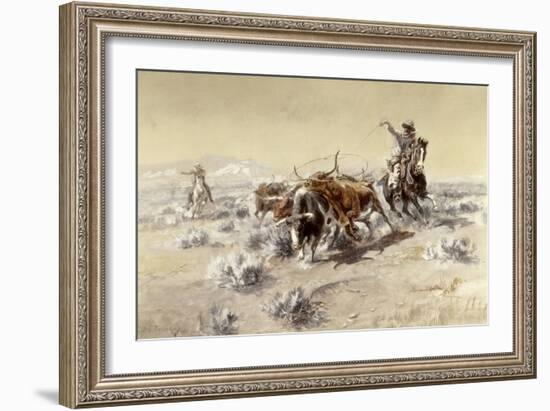 Roping the Longhorns-Charles Marion Russell-Framed Giclee Print