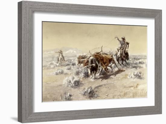 Roping the Longhorns-Charles Marion Russell-Framed Giclee Print