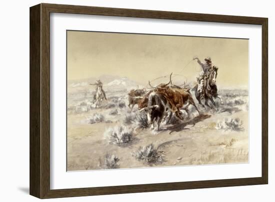 Roping the Longhorns-Charles Marion Russell-Framed Giclee Print