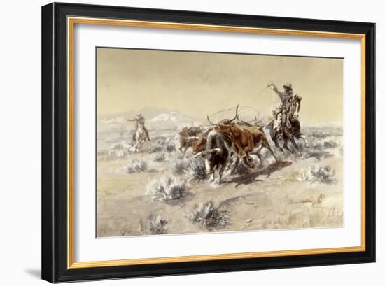 Roping the Longhorns-Charles Marion Russell-Framed Giclee Print