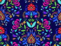 Seamless Floral Folk Pattern. Slavic European Style, Bright Colors, Dark Background. Decorative Flo-rosapompelmo-Framed Art Print