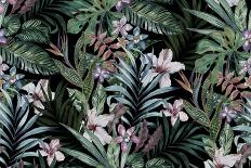 Tropical Floral Print. Variety of Jungle and Island Flowers in Bouquets in a Dark Exotic Print. All-rosapompelmo-Framed Stretched Canvas