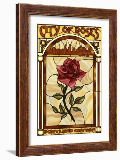 Rose and Skyline Stained Glass - Portland, Oregon-Lantern Press-Framed Art Print