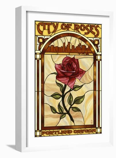 Rose and Skyline Stained Glass - Portland, Oregon-Lantern Press-Framed Art Print