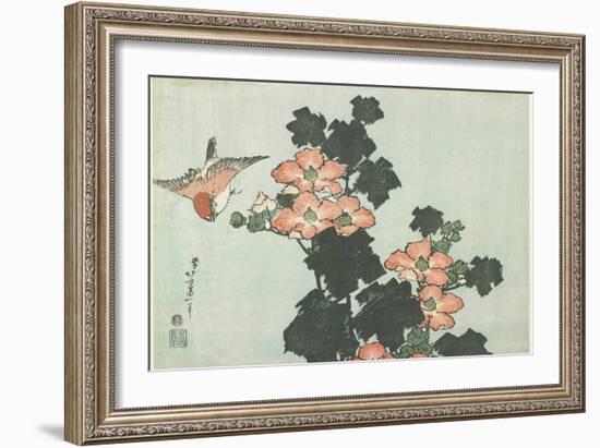 Rose Mallow and Sparrow, C. 1832-Katsushika Hokusai-Framed Giclee Print