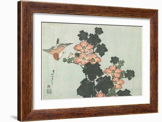 Rose Mallow and Sparrow, C. 1832-Katsushika Hokusai-Framed Giclee Print