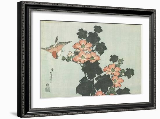 Rose Mallow and Sparrow, C. 1832-Katsushika Hokusai-Framed Giclee Print