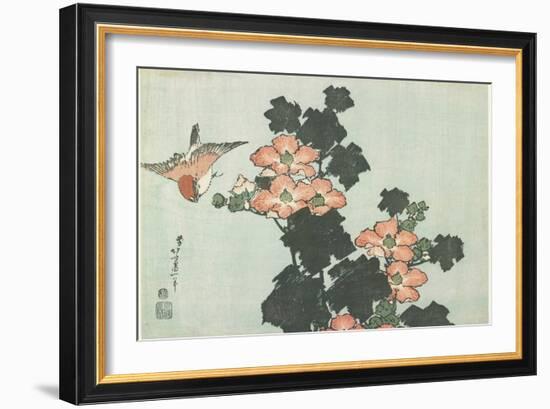 Rose Mallow and Sparrow, C. 1832-Katsushika Hokusai-Framed Giclee Print