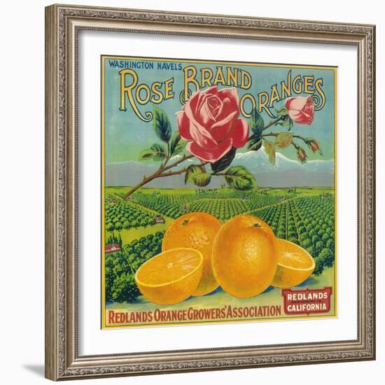 Rose Orange Label - Redlands, CA-Lantern Press-Framed Art Print