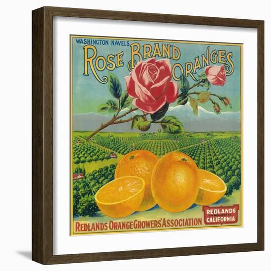 Rose Orange Label - Redlands, CA-Lantern Press-Framed Art Print