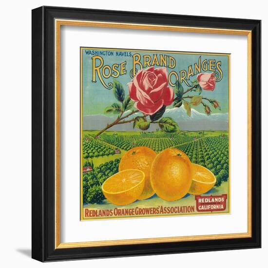 Rose Orange Label - Redlands, CA-Lantern Press-Framed Art Print