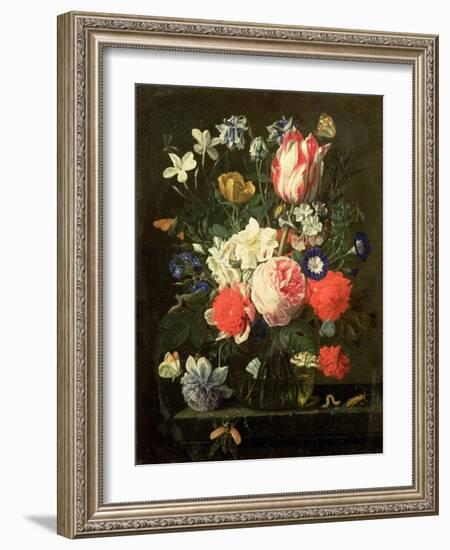 Rose, Tulip, Morning Glory and Other Flowers in a Glass Vase on a Stone Ledge-Nicolaes van Veerendael-Framed Giclee Print