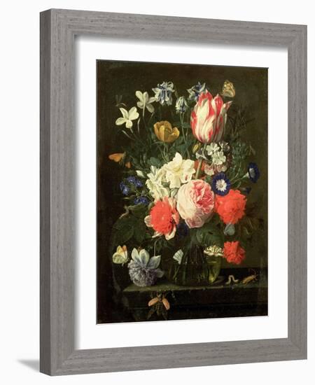 Rose, Tulip, Morning Glory and Other Flowers in a Glass Vase on a Stone Ledge-Nicolaes van Veerendael-Framed Giclee Print