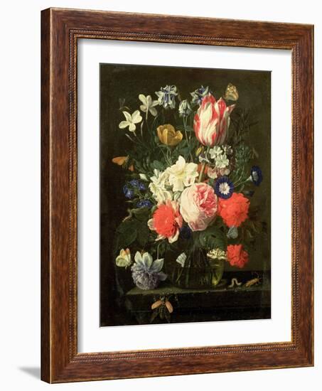 Rose, Tulip, Morning Glory and Other Flowers in a Glass Vase on a Stone Ledge-Nicolaes van Veerendael-Framed Giclee Print