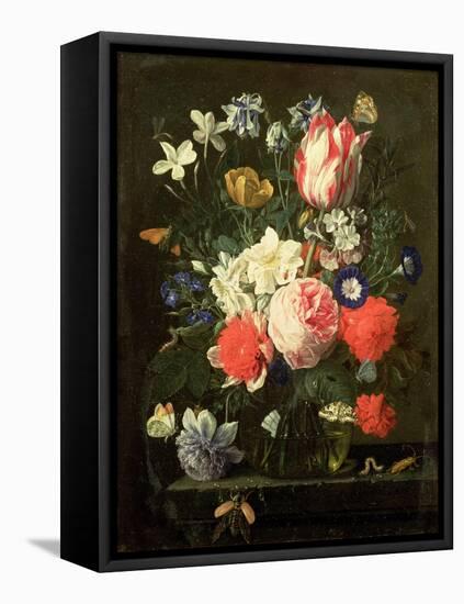 Rose, Tulip, Morning Glory and Other Flowers in a Glass Vase on a Stone Ledge-Nicolaes van Veerendael-Framed Premier Image Canvas