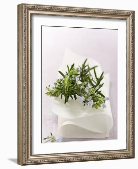 Rosemary with Flowers on White Cloth-null-Framed Photographic Print