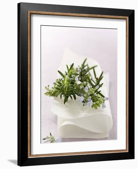 Rosemary with Flowers on White Cloth-null-Framed Photographic Print