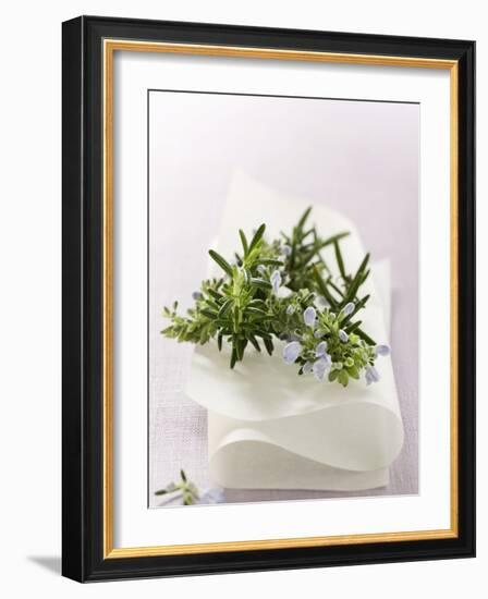 Rosemary with Flowers on White Cloth-null-Framed Photographic Print