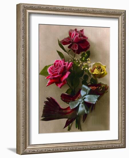 Roses and a Gift-Wrapped Fish C.1898 (Hand-Tinted Photo)-French School-Framed Giclee Print