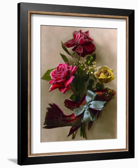 Roses and a Gift-Wrapped Fish C.1898 (Hand-Tinted Photo)-French School-Framed Giclee Print